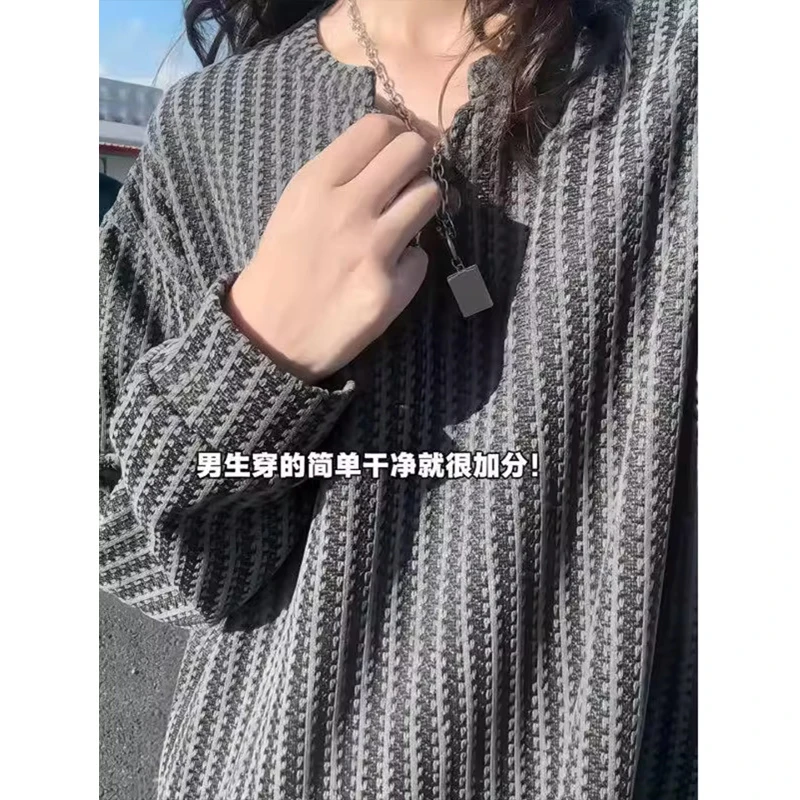 鱼骨纹v领长袖t恤男秋季黑白拼色条纹打底衫松弛感宽松情侣上衣潮