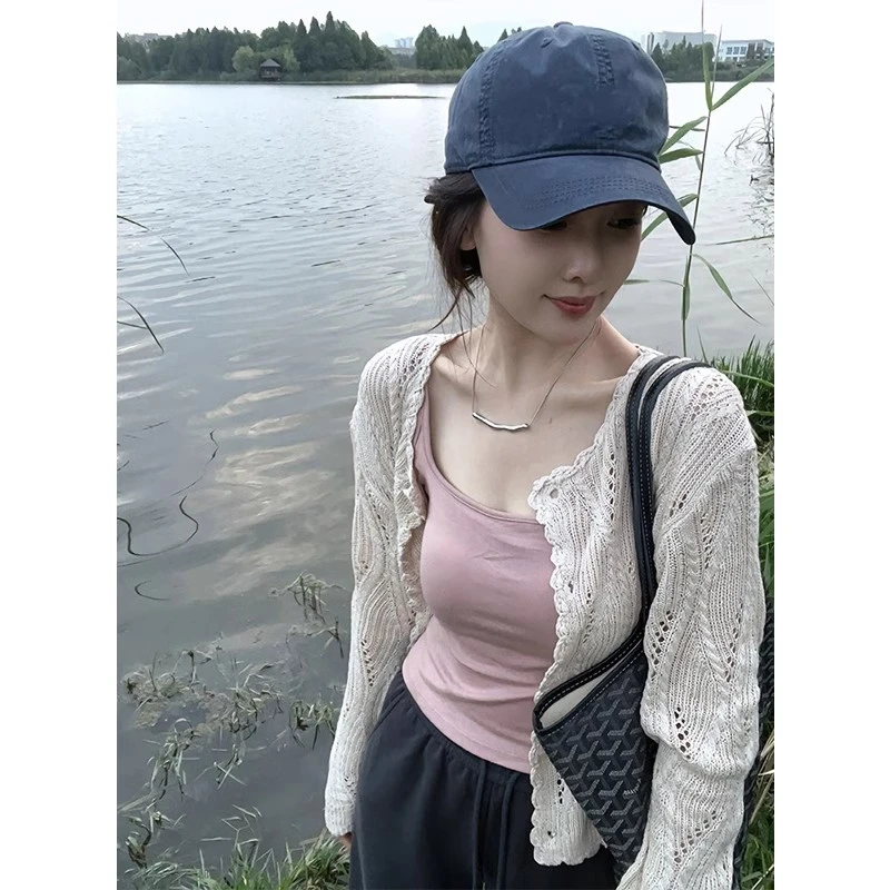 新款法式重工镂空防晒针织开衫女春夏薄款外搭短款空调衫坎肩上衣