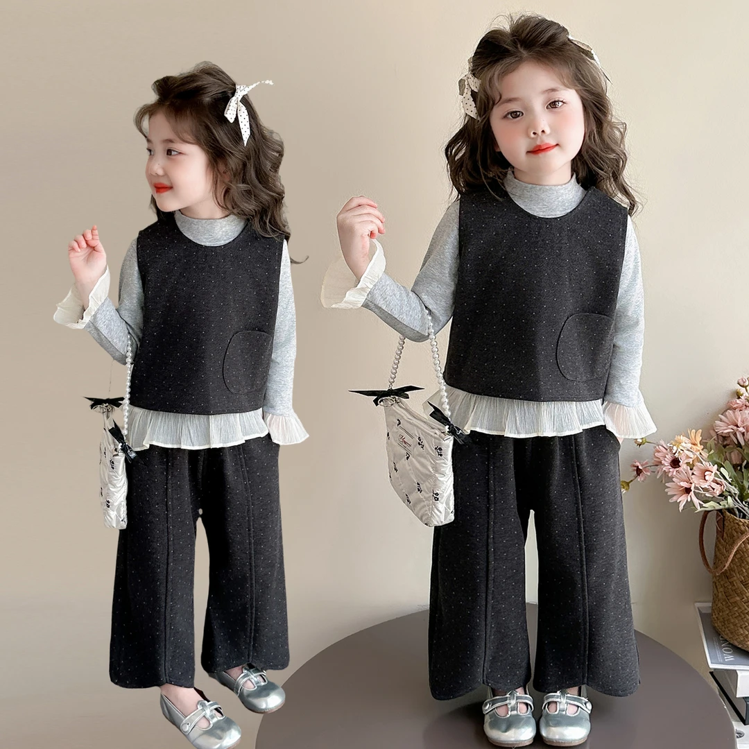 女童韩系套装洋气甜美儿童蝴蝶结马甲阔腿裤三件套小女孩春秋装潮