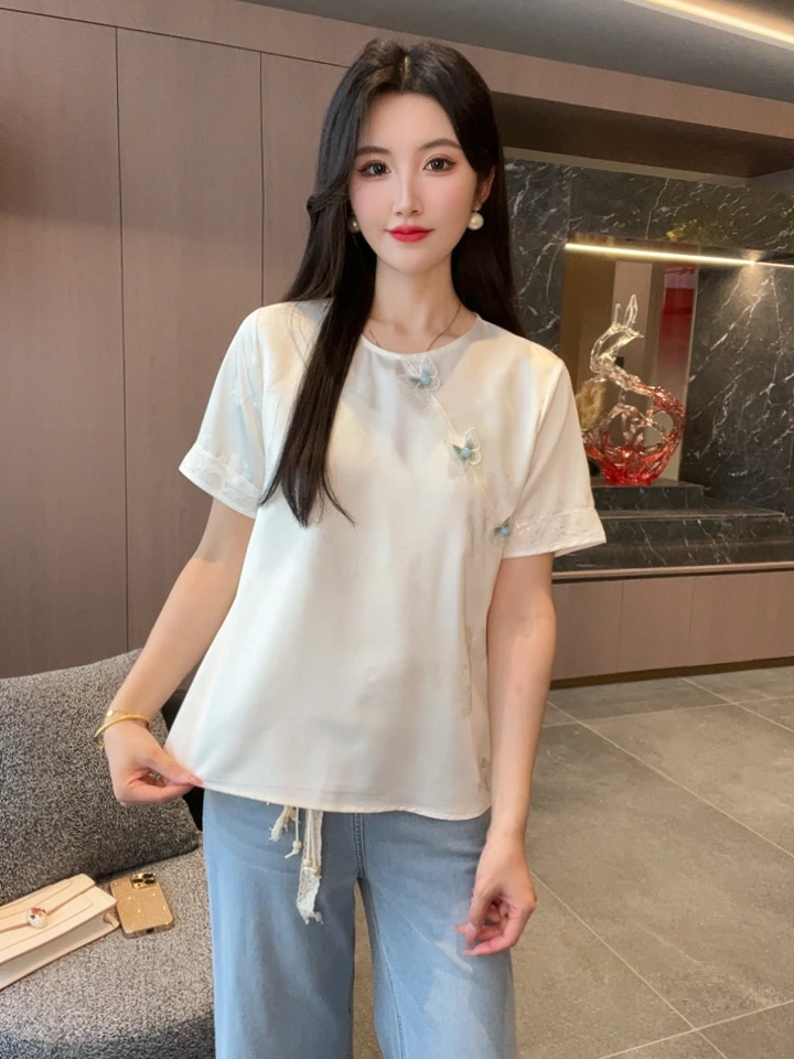 【蝶雅】夏季2025新款上衣小衫女新中式国风圆领气质白色短袖T恤衫