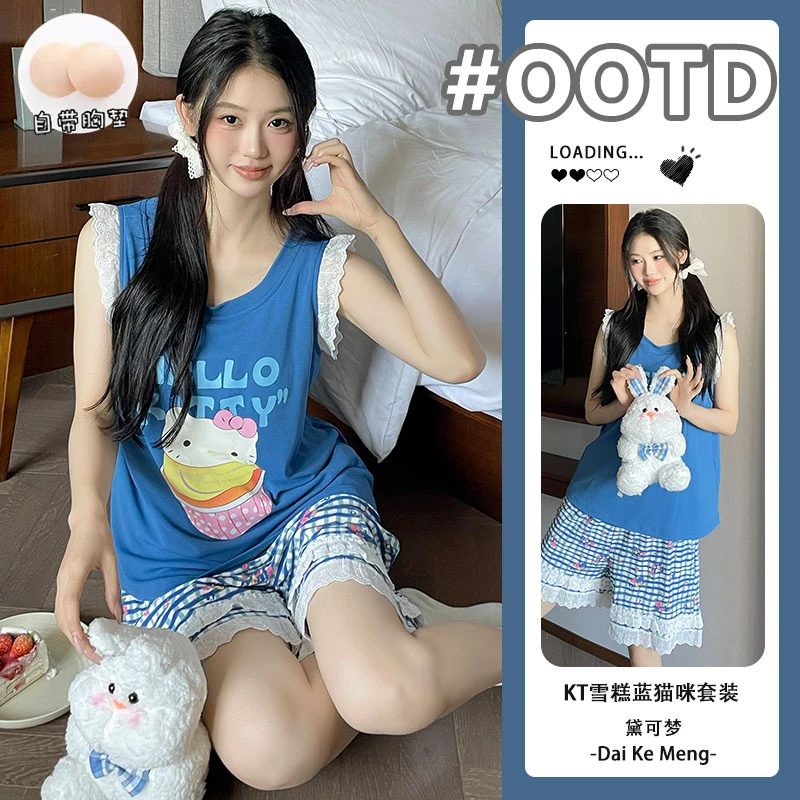 【baby蓝】治愈系凯蒂猫背心短裤休闲少女套装夏天卡通可爱睡衣外穿