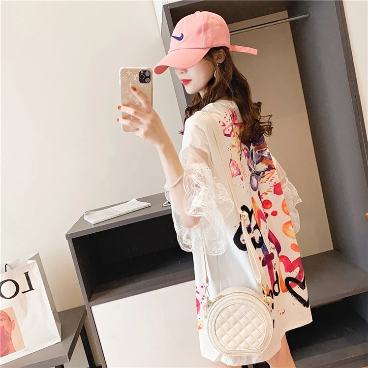 中长款短袖t恤女2025夏装新款爆款网红涂鸦蕾丝拼接防晒上衣服ins