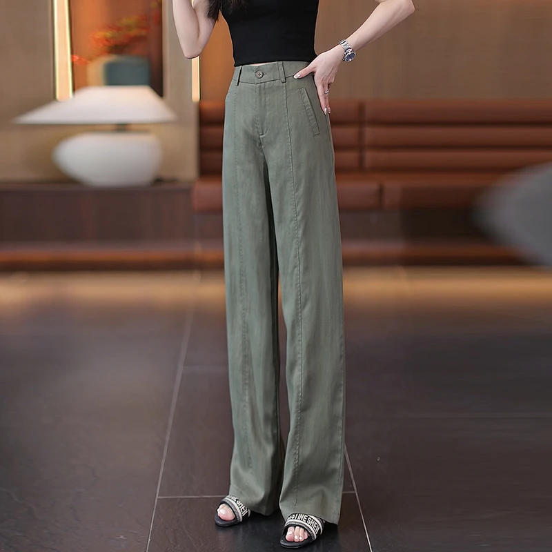 抗皱天丝亚麻阔腿休闲裤女夏季薄款2025新款垂感宽松莱赛尔直筒裤