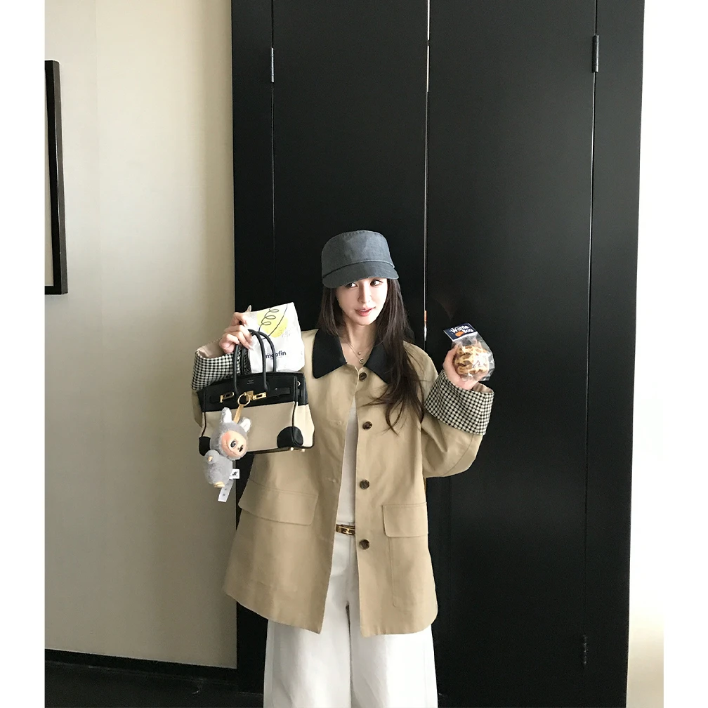 法式气质风撞色翻领卡其色风衣女2025秋季新款时尚高级感上衣外套