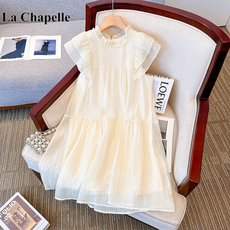 拉夏贝尔新爆款女装小飞袖雪纺连衣裙气质仙女裙高级感桔梗短裙子