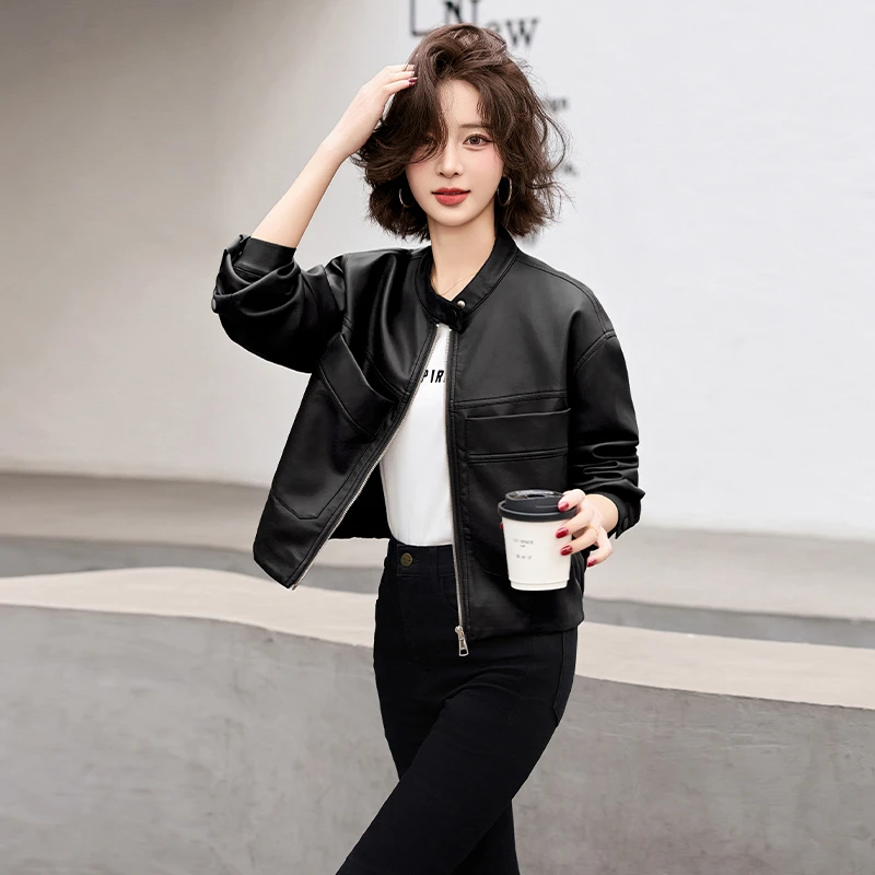 皮衣外套女短款2025春秋新款小个子立领时尚休闲PU机车皮夹克上衣