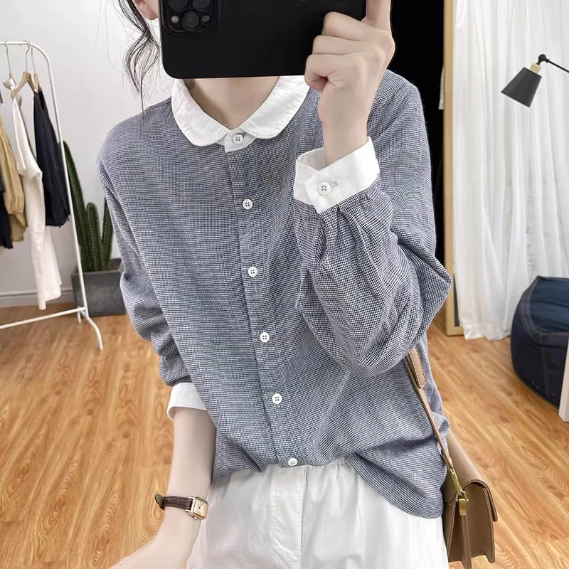 韩国小格子双层棉纱纯棉长袖衬衫女新款宽松拼色减龄上衣显瘦衬衣