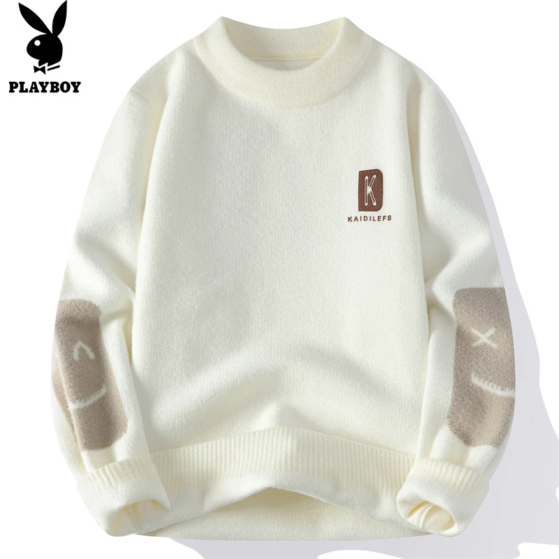 花花公子男士毛衣圆领撞色宽松休闲百搭青年秋冬新款潮流针织衫男