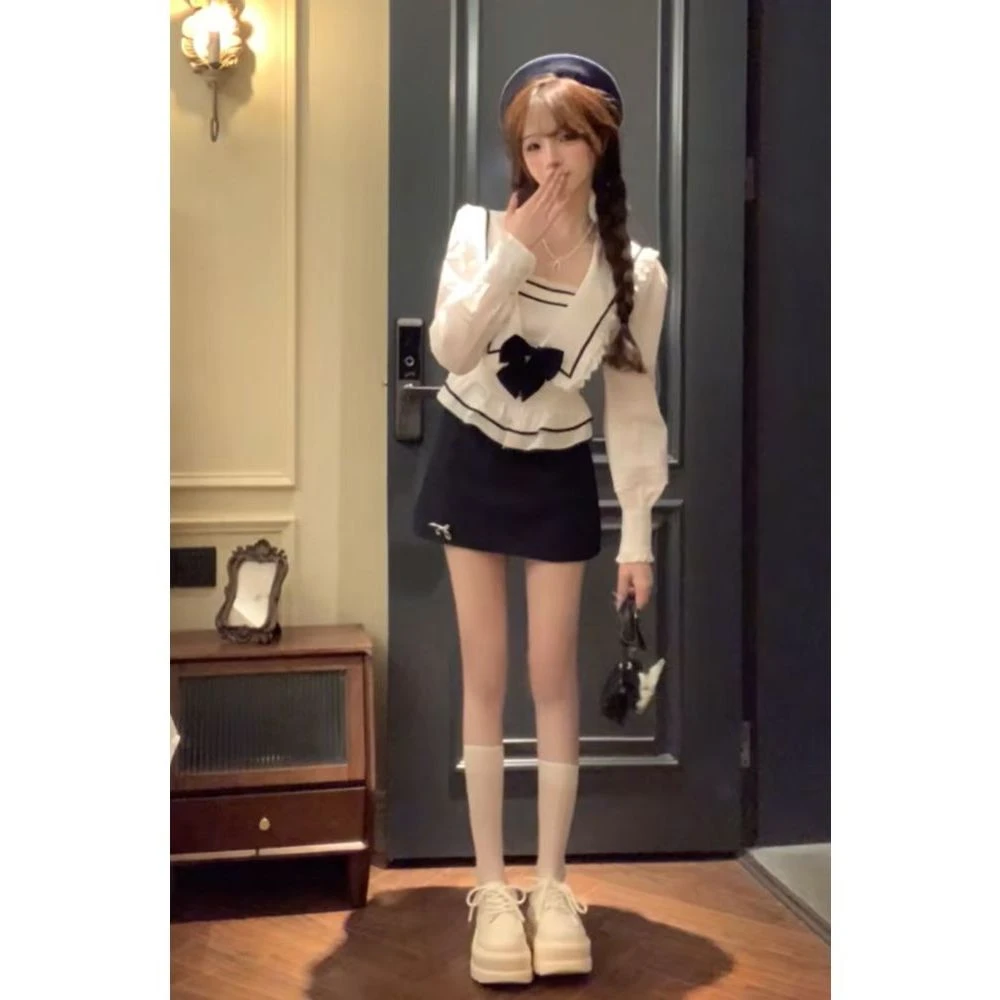 航海少女 学院风减龄套装女秋季撞色海军领蝴蝶结上衣半裙套装女