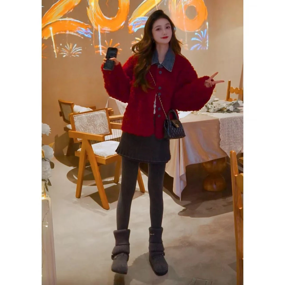 【雪域春暖】时尚百搭显瘦拼接牛仔领外套W1479