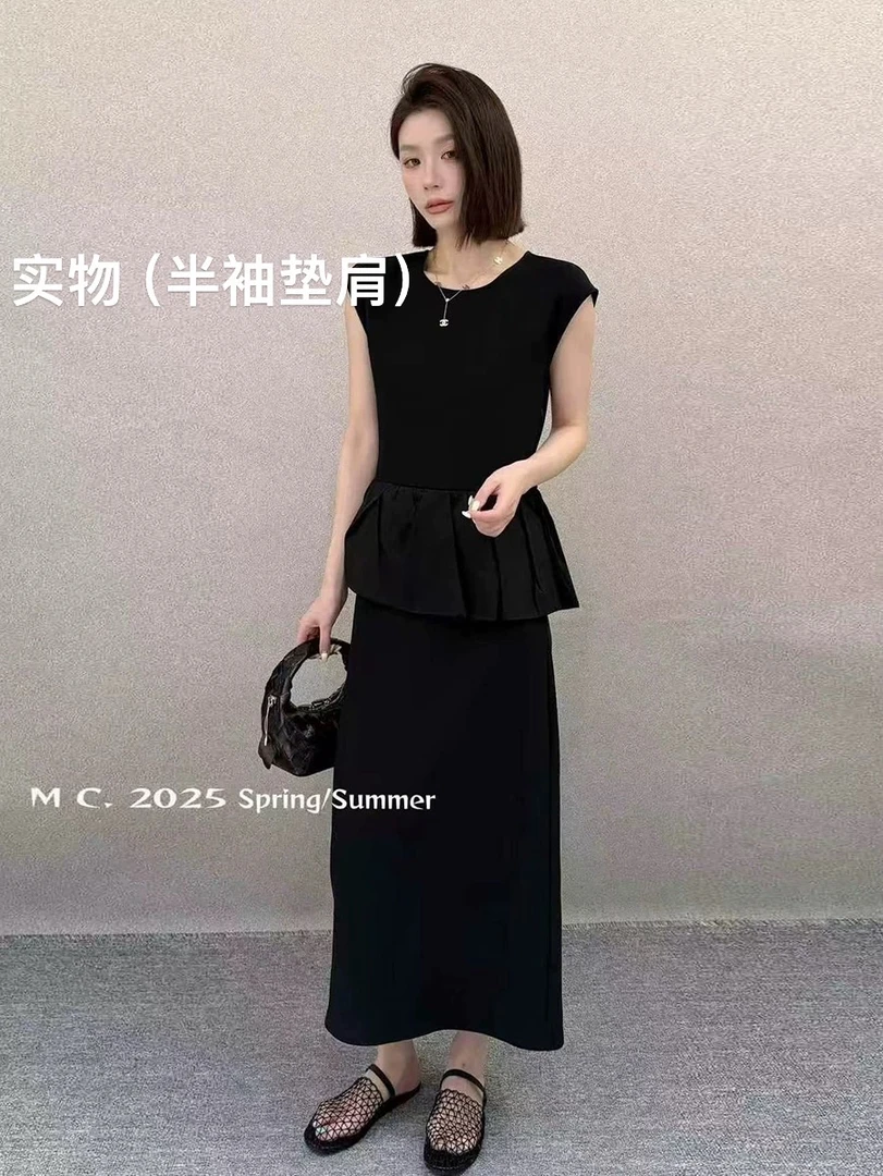 （半袖垫肩）欧货气质高品质拼接款假两件连衣裙