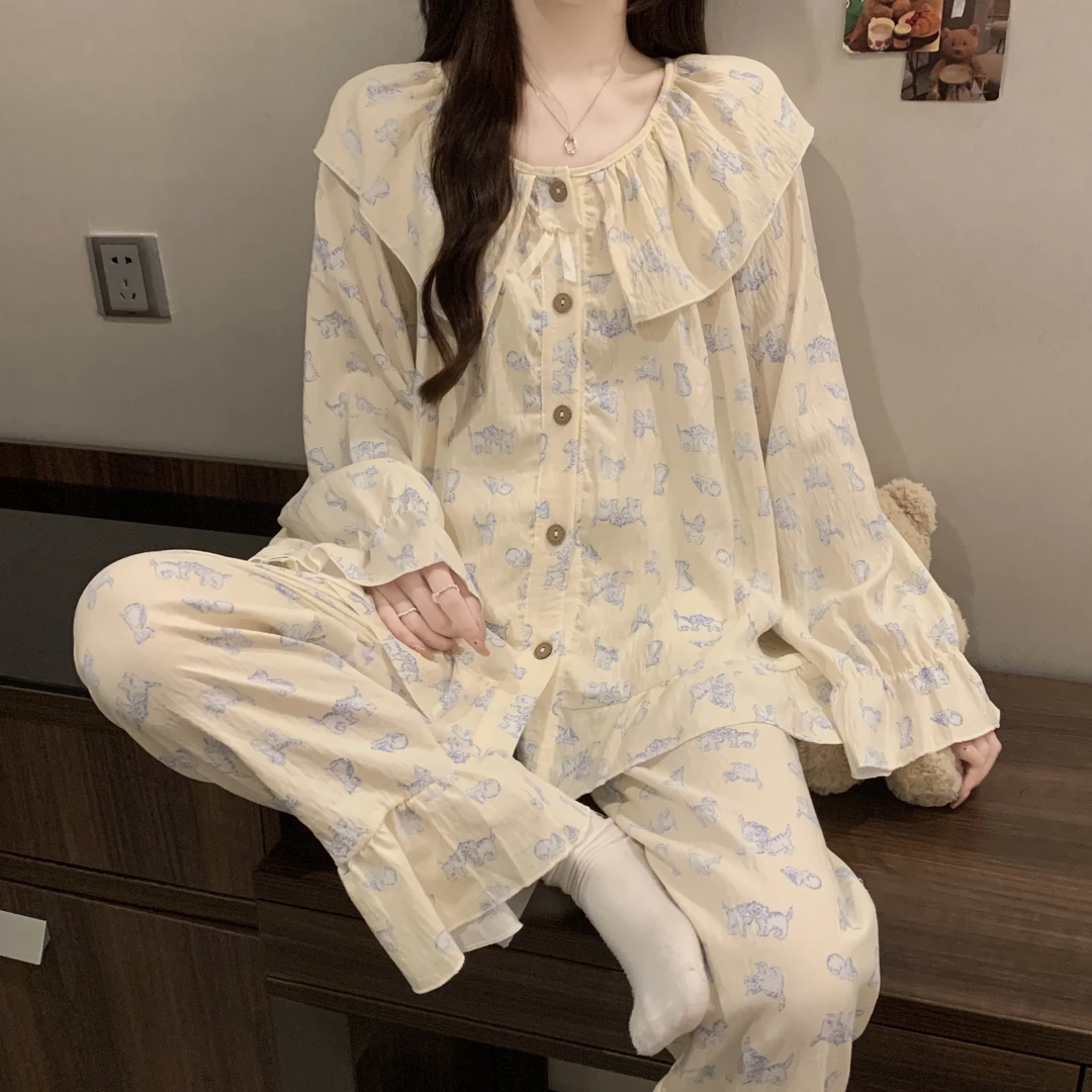 韩系娃娃领春秋季睡衣女款长袖长裤云朵棉卡通可爱少女家居服新款