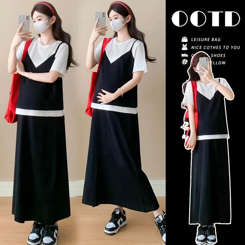 孕妇装时尚网红套装夏季新款假两件拼接短袖上衣半身裙洋气两件套