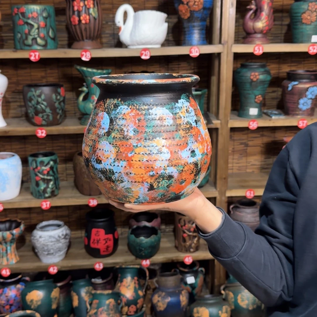 红陶浮雕花盆炸炸炸