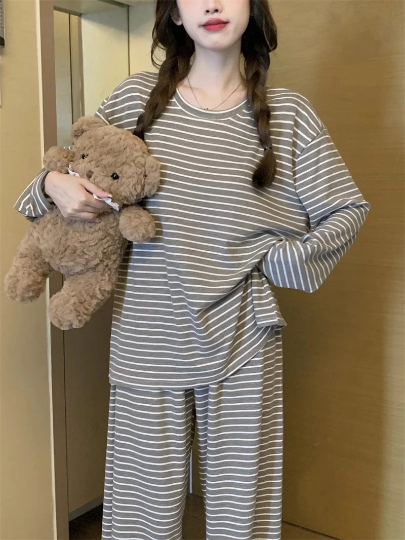 高级咖色系条纹睡衣女秋冬季新款简约网红ins韩少女长袖版家居服