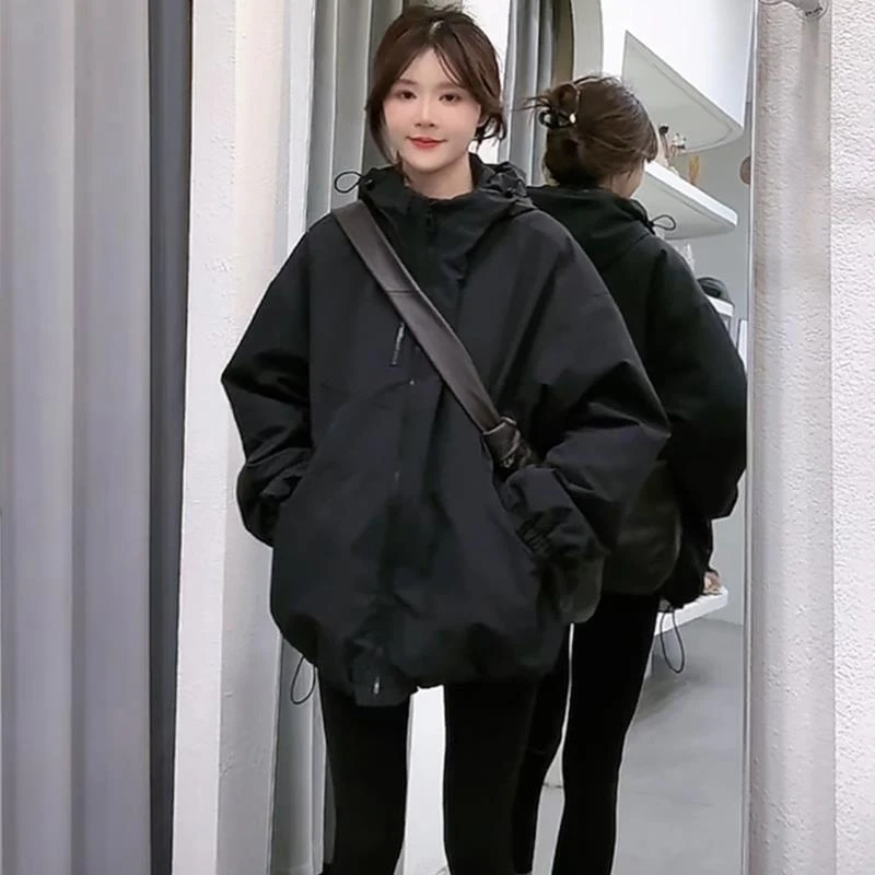 夹棉加厚冲锋衣外套女中长款2025秋冬新款休闲宽松显瘦棉服上衣潮