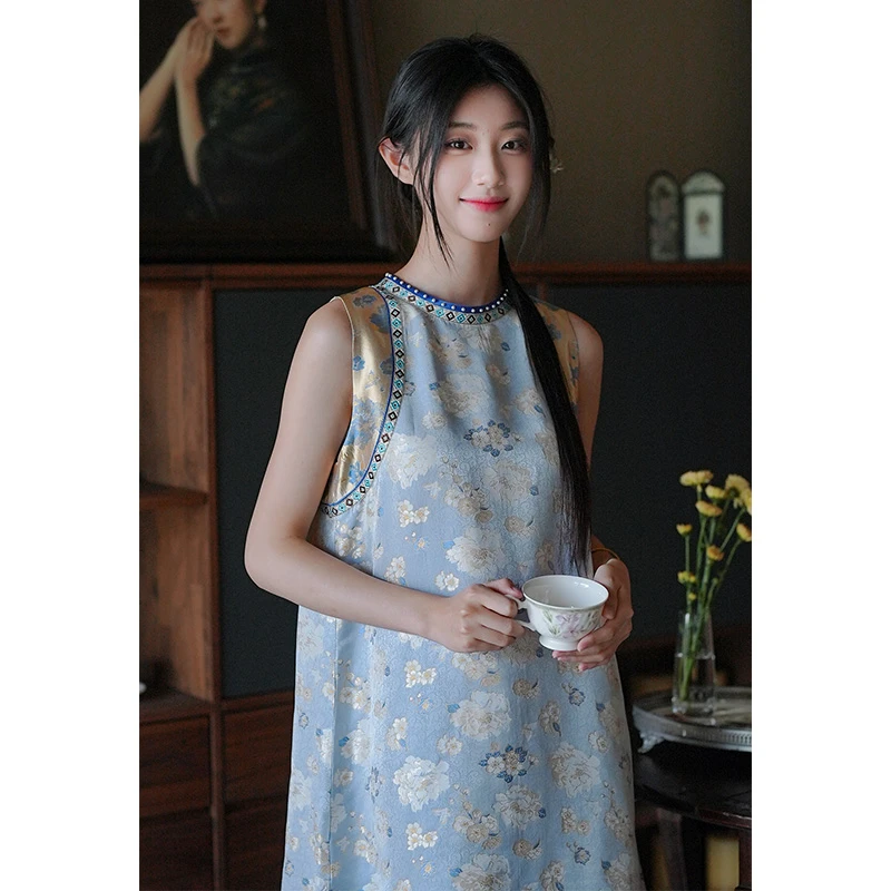 云格格【画屏】新中式交织真丝旗袍马甲复古民国风长款唐装上衣夏
