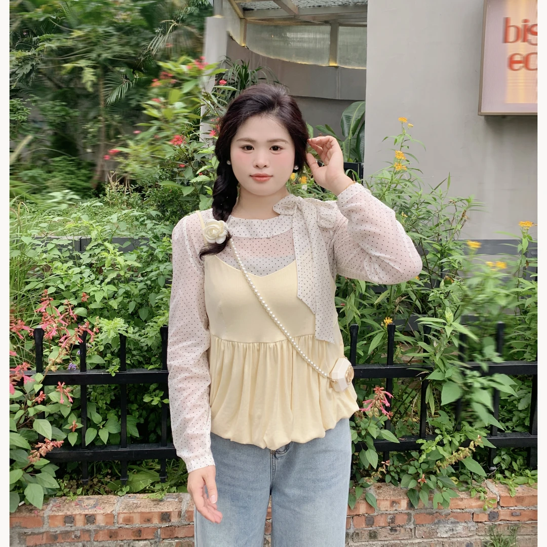 【青苍】大头婷微胖定制夏季新款百搭吊带小V领花苞摆上衣