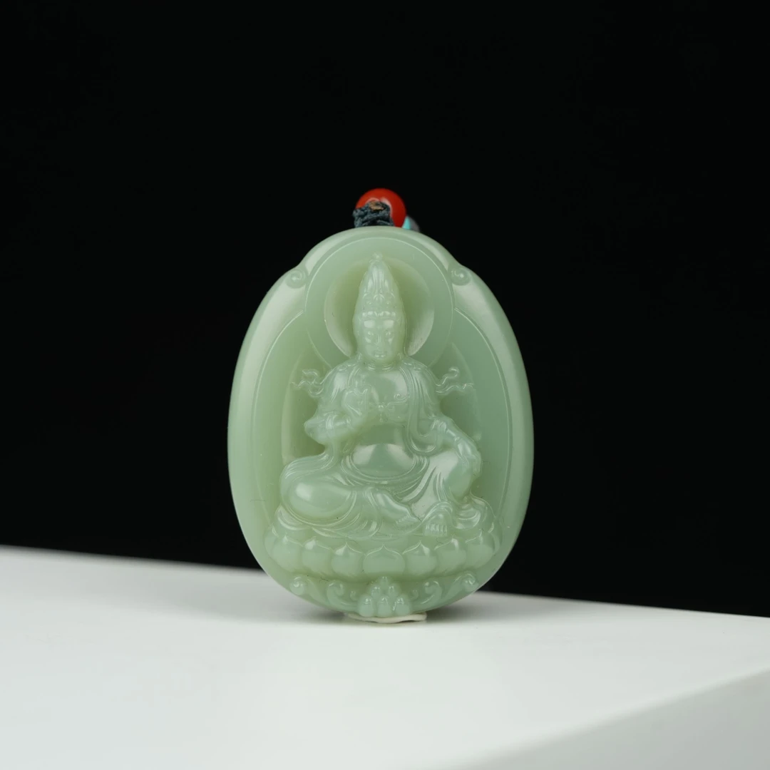 典藏级 和田玉粉青无结构观音吊坠 48*37*14mm± H20310
