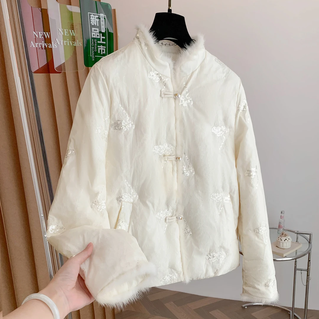 水貂毛拼接羽绒服女2025年冬季新款韩系加厚宽松白鹅绒外套加厚