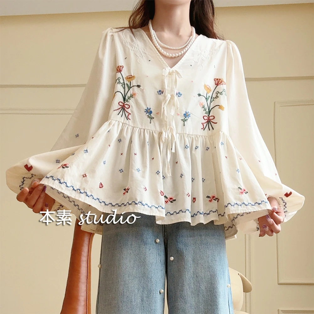 爱丽丝梦境-长袖Y3024刺绣蝴蝶结V领衬衫