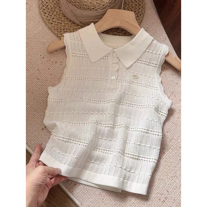 实物好美！白色POLO领针织无袖背心2025夏季新款别致百搭显瘦上衣