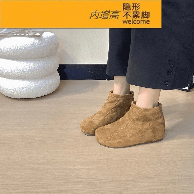 小个子7cm内增高棕色复古短筒瘦瘦靴女靴秋冬新款法式短靴及裸靴