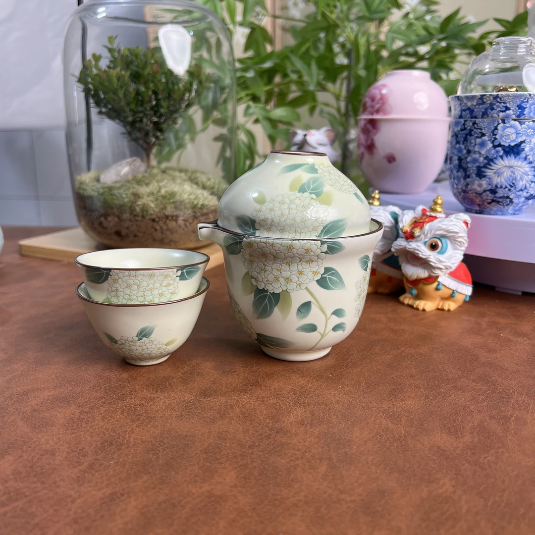 A022汝窑绣球花快客杯便携旅行户外车载陶瓷功夫茶具商务伴手礼