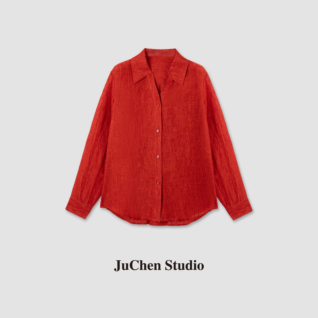 满分汉麻花织高饱和夏季亚麻宽松长袖V领衬衫 SS054404