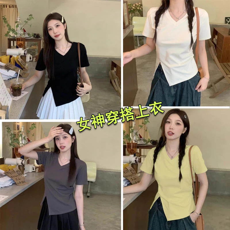 不规则V领开叉遮肚子正肩短袖T恤胖妹妹修身显瘦半袖上衣