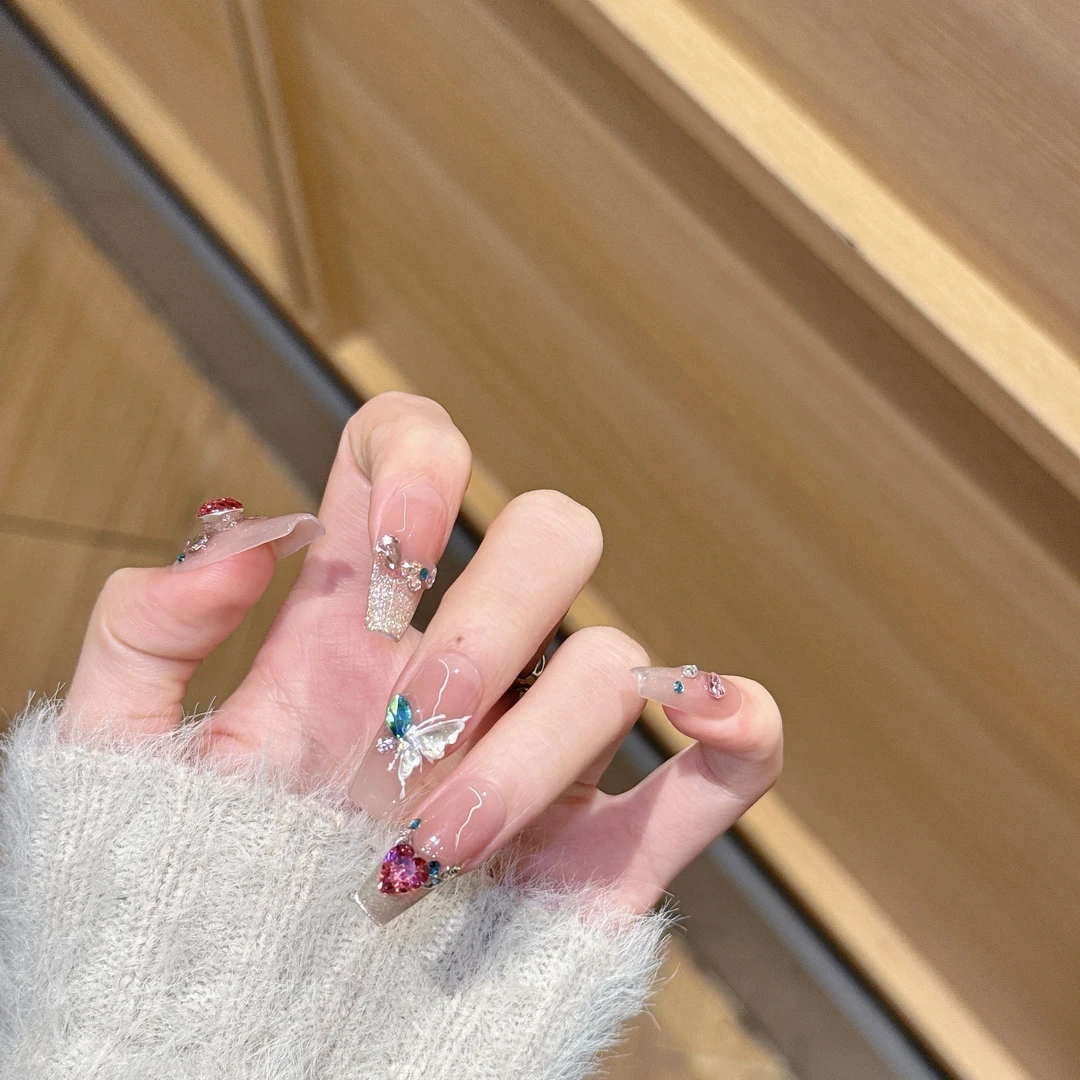 【粉蝶】纯手工穿戴甲显白多巴胺猫眼贴钻爆闪指甲贴美甲穿戴甲片