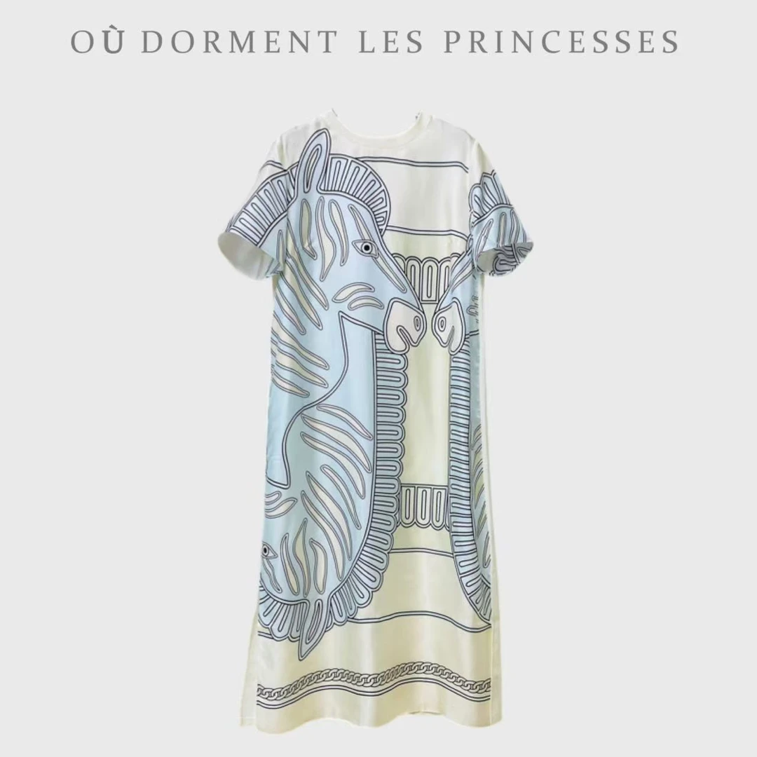 Fen姐|【仙野牧趣】柜款夏季桑蚕丝拼棉斑马圆领宽松连衣裙25937