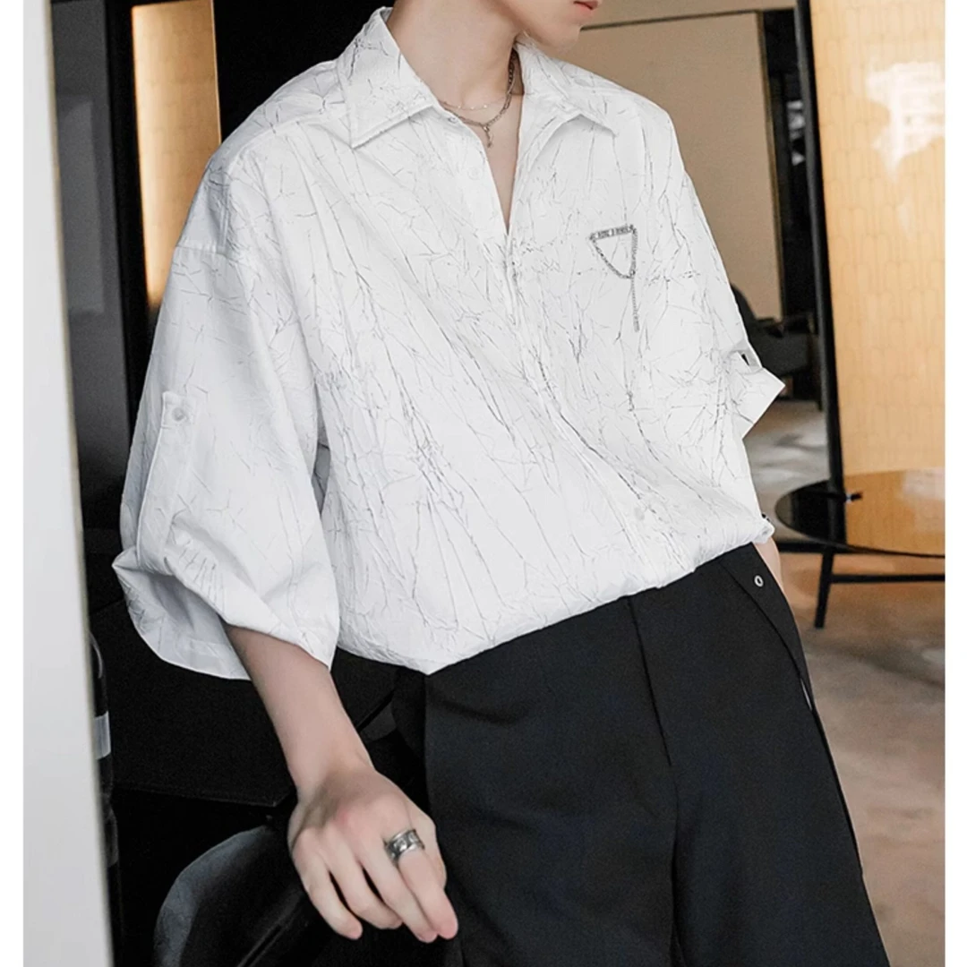 夏季新款小众设计肌理感印花宽松短袖衬衫休闲百搭痞帅发型师衬衣