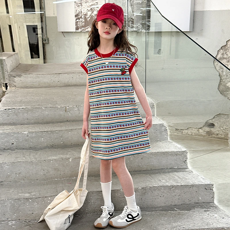 女童复古条纹T恤裙6-12岁女孩夏装新款百搭背心裙大童洋气连衣裙8