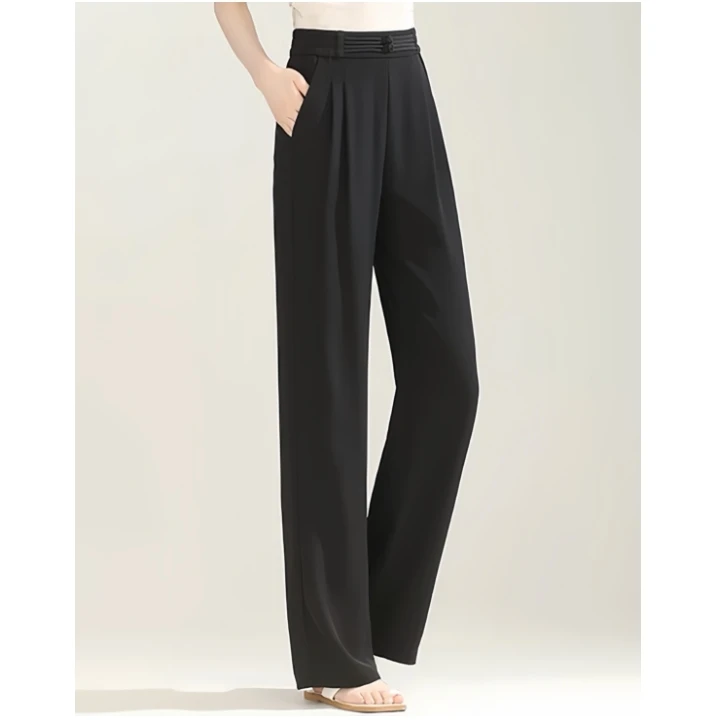 2025女夏季薄款腰头盘扣女阔腿裤新中式大码高腰显瘦百搭直筒裤