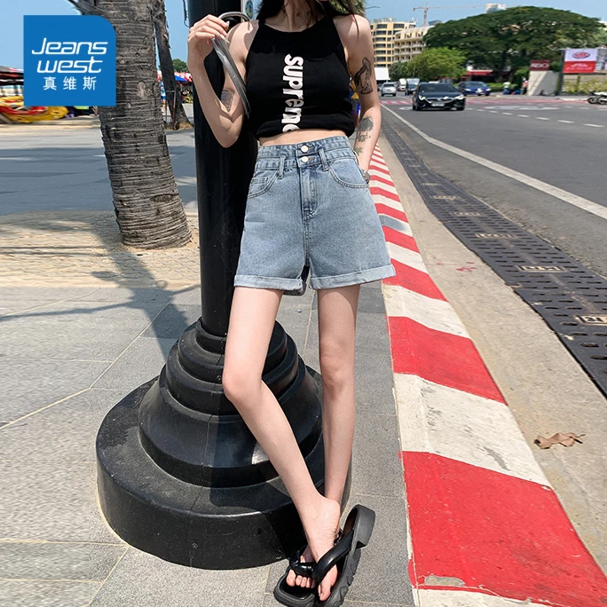 牛仔短裤女夏季2025年新款薄款高腰潮ins显瘦宽松卷边a字阔腿热裤