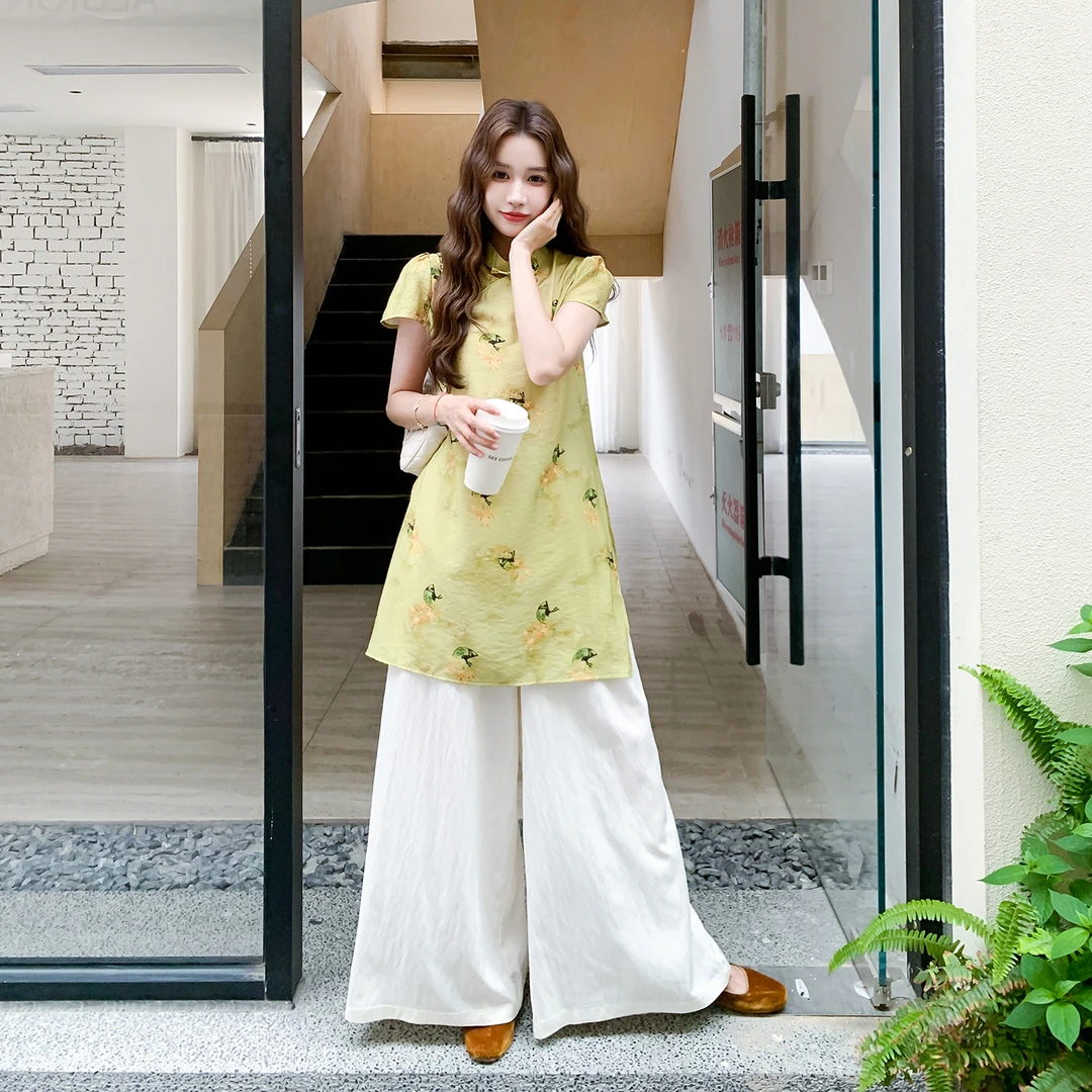 新中式温婉大方穿搭套装女202夏季新款国风提花上衣阔腿裤两件套