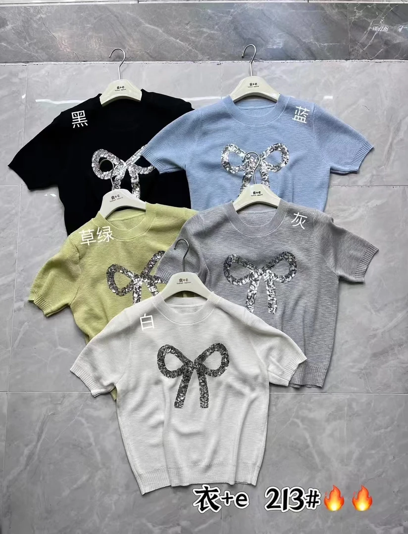 新品针织蝴蝶结亮片T恤213