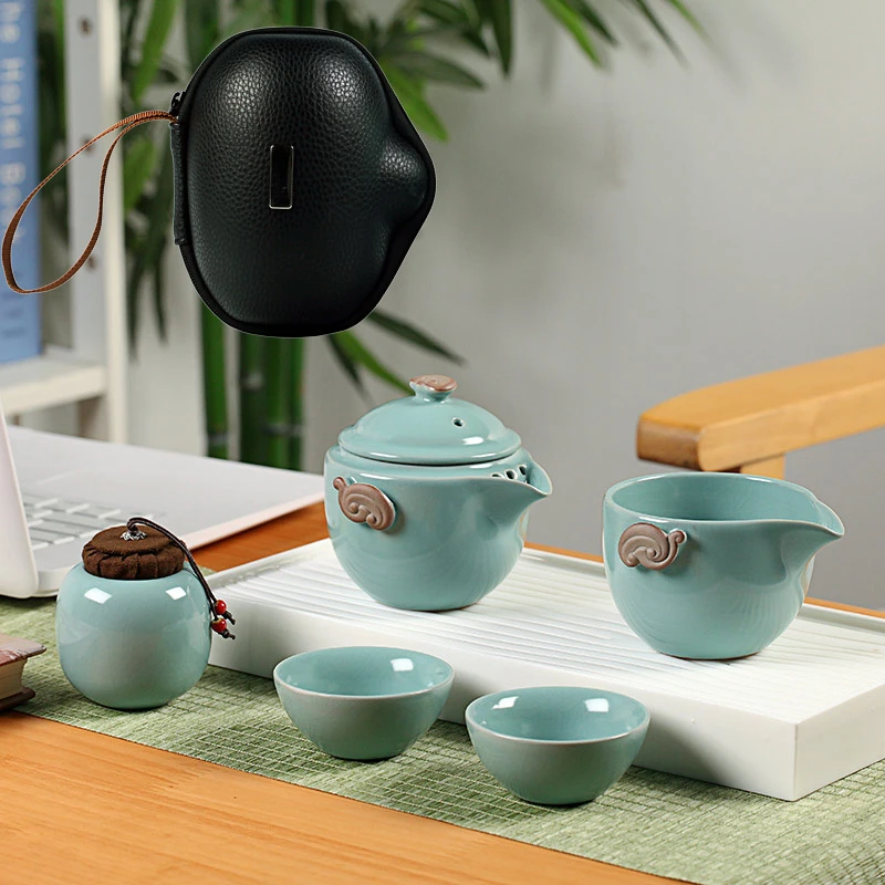 汝窑茶具套装整套陶瓷旅行茶具一壶二杯开片茶壶便携式汝瓷茶杯子