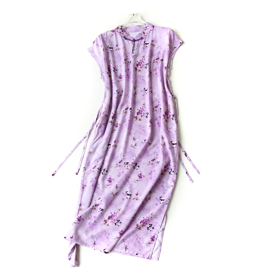 2025新款春夏中式国风禅意改良旗袍女棉绸复古水墨印花过膝连衣裙