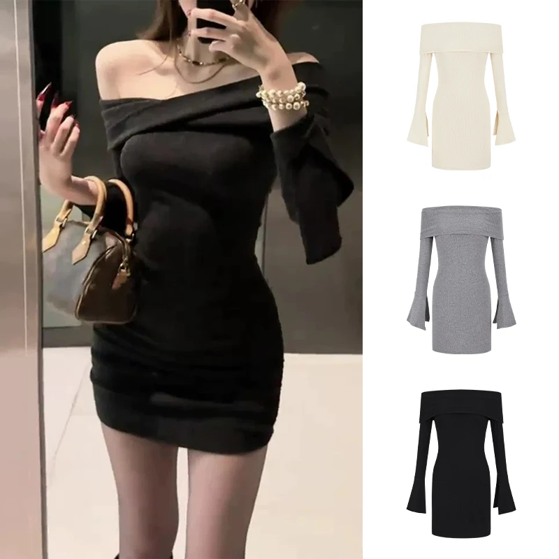 Moses Queen/魔西女王纯欲辣妹一字肩连衣裙女修身显瘦露肩包臀裙