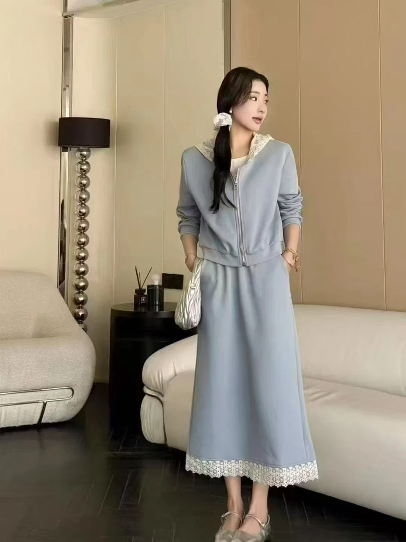 韩系蕾丝拼接卫衣套装女2025春季休闲时尚半身裙两件套显瘦