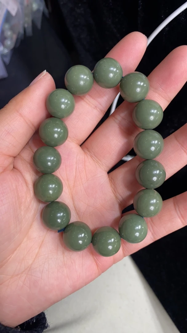 纯天然和田玉新疆河道沙枣青卡14圆珠