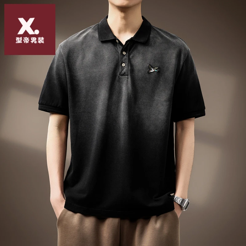 高端美式复古渐变喷色短袖Polo衫男夏季潮牌宽松休闲绣花短袖T恤
