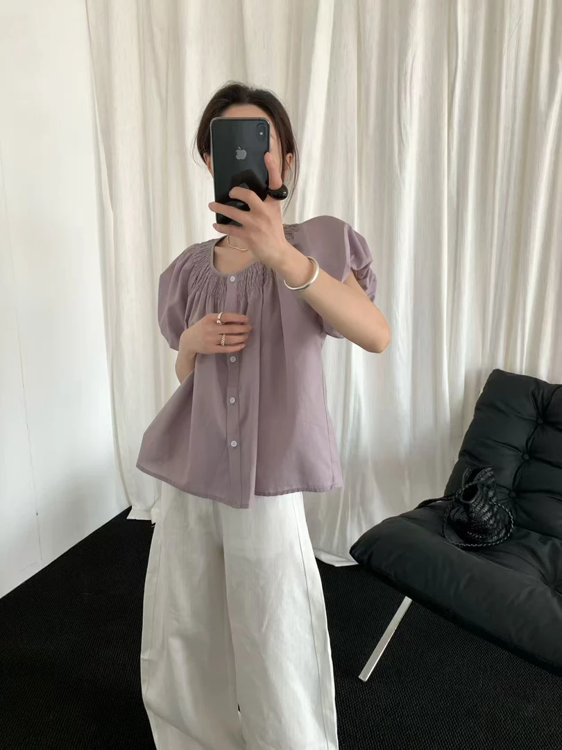 恩熙·夏季法式褶皱花苞袖短款上衣5A3105