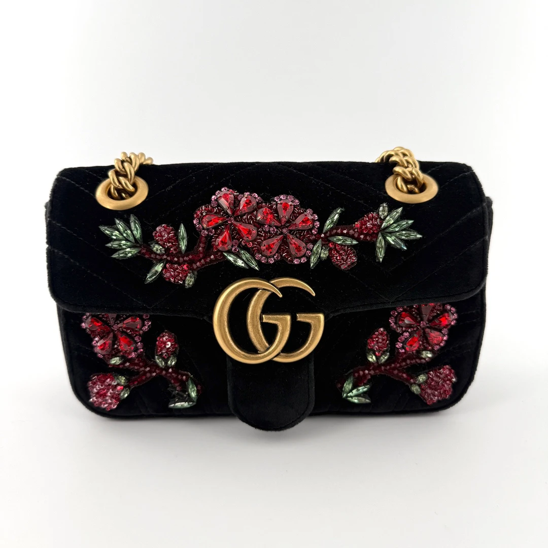 99新 GUCCI/古驰 黑色小花钻丝绒22马蒙 G3733