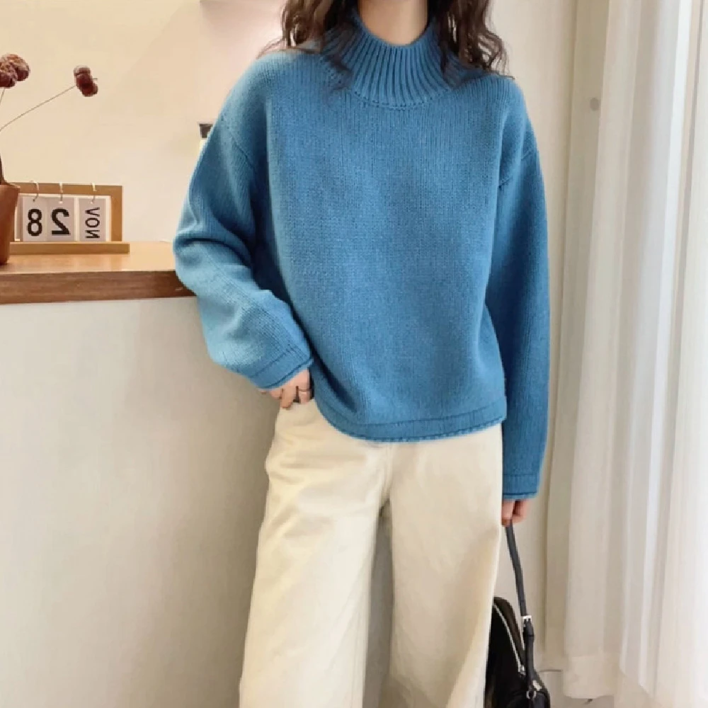 时尚半高领打底宽松圆领套头秋冬女士新款减龄基础款休闲针织毛衣