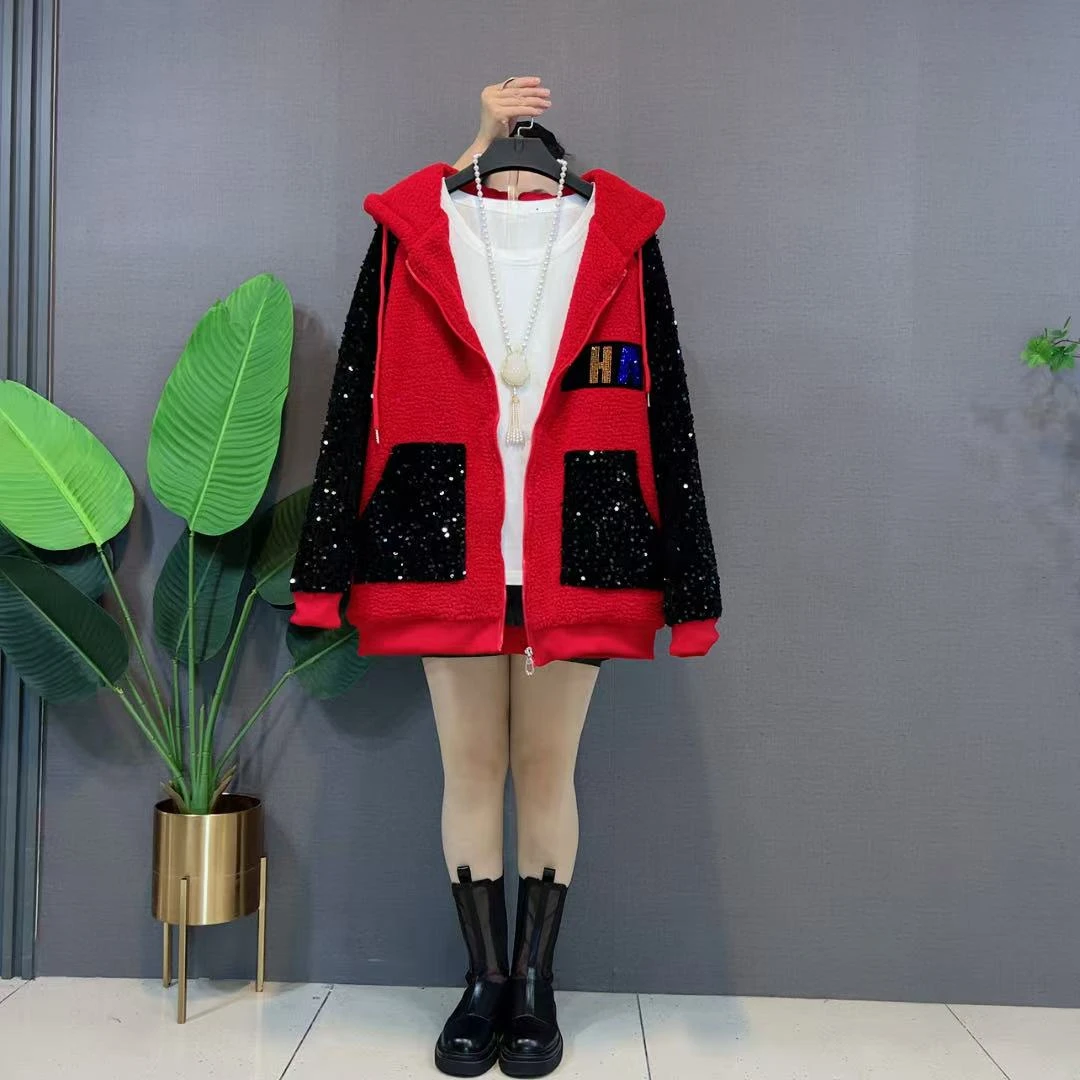 欧货韩版时尚胖妹妹烫钻加厚拼接亮片连帽开衫保暖加肥加大外套