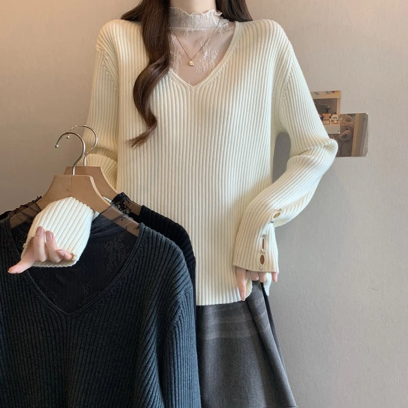 蕾丝拼接半高领毛衣女秋冬新款胖mm内搭别致设计感长袖打底针织衫
