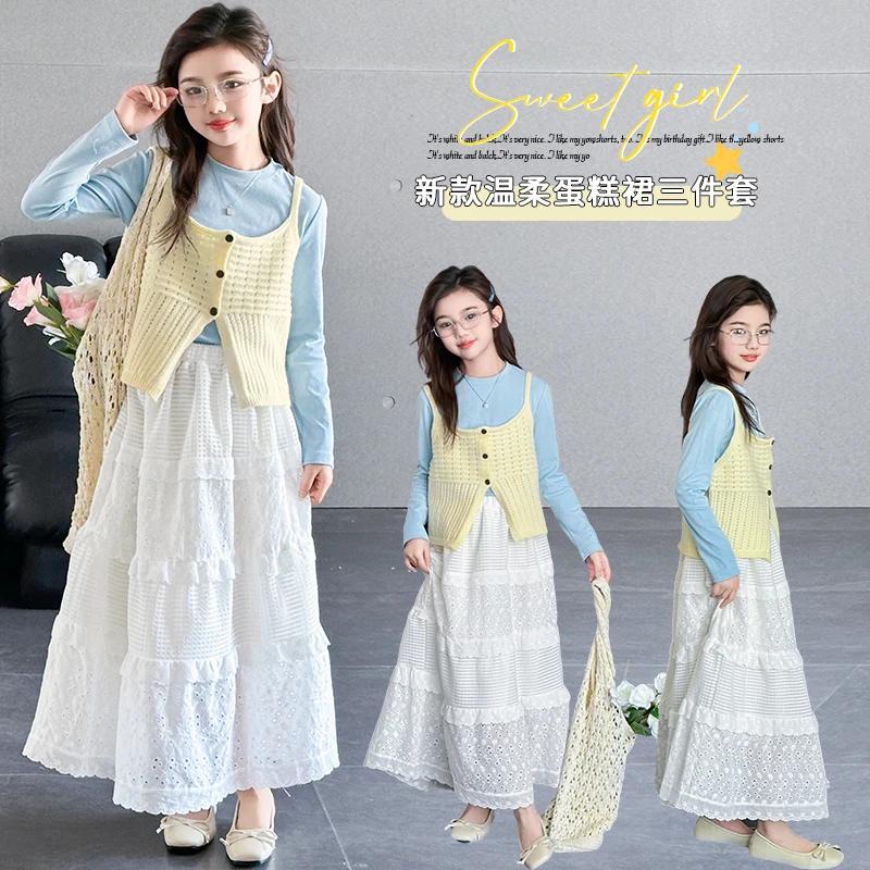 女童套装2025春季新款儿童韩版洋气背心马甲T恤打底衫时髦三件套